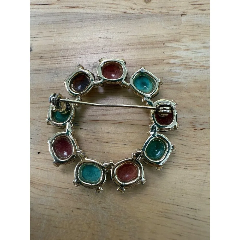 Vintage Gold-Tone Brooch With Multicolored Scarab Gemstones & Egyptian Revival - Picture 6 of 8